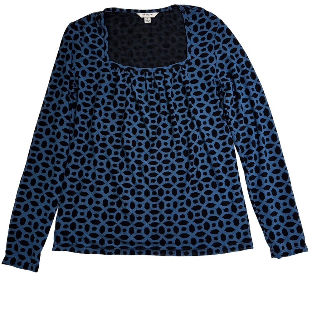 Liz Claiborne Blue Black Patterned Long Sleeve Top Size XS Fully Lined NWOT